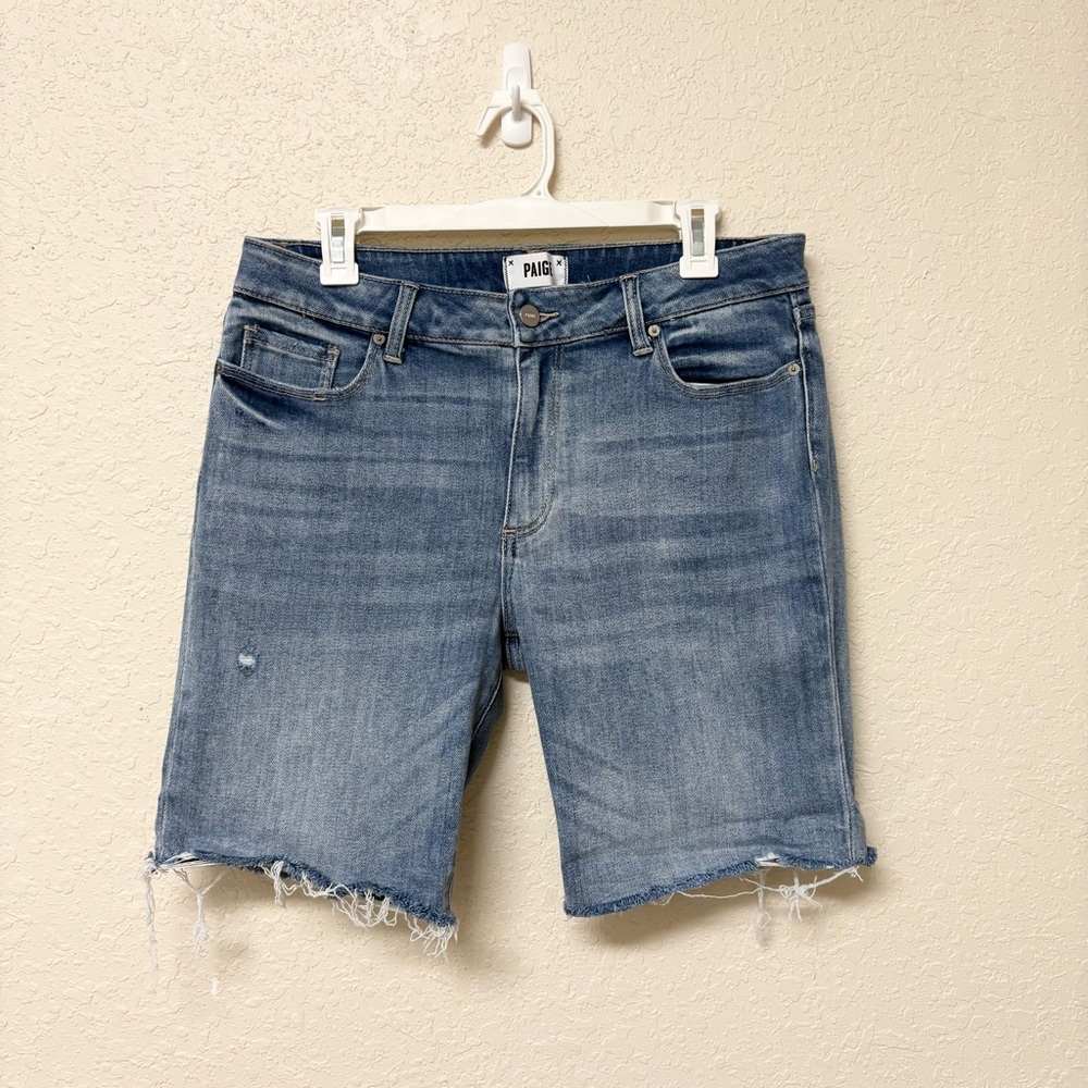 Paige Women’s Jax Cut Off Knee Short Distressed Raw Hem Blue Shorts Size 31